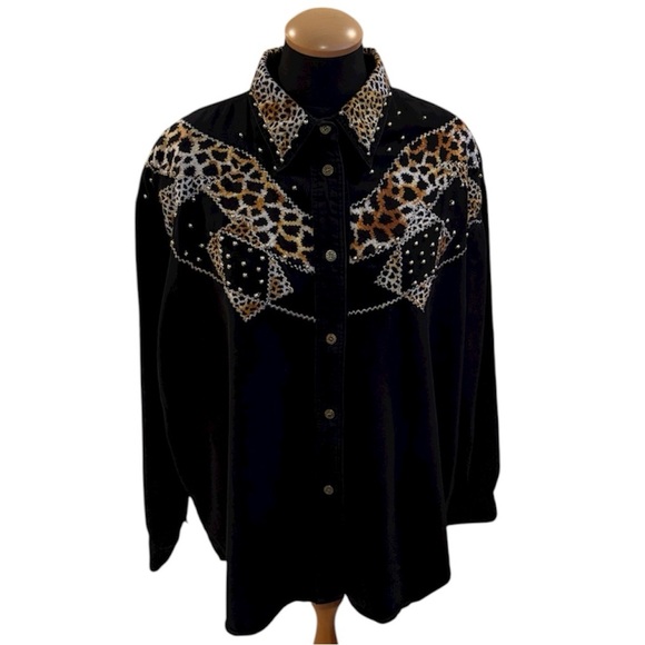Cz Tops - Y2K CZ Club Z Denim Cowboy Shirt Leopard Print Button Down Long Sleeve Size 2X